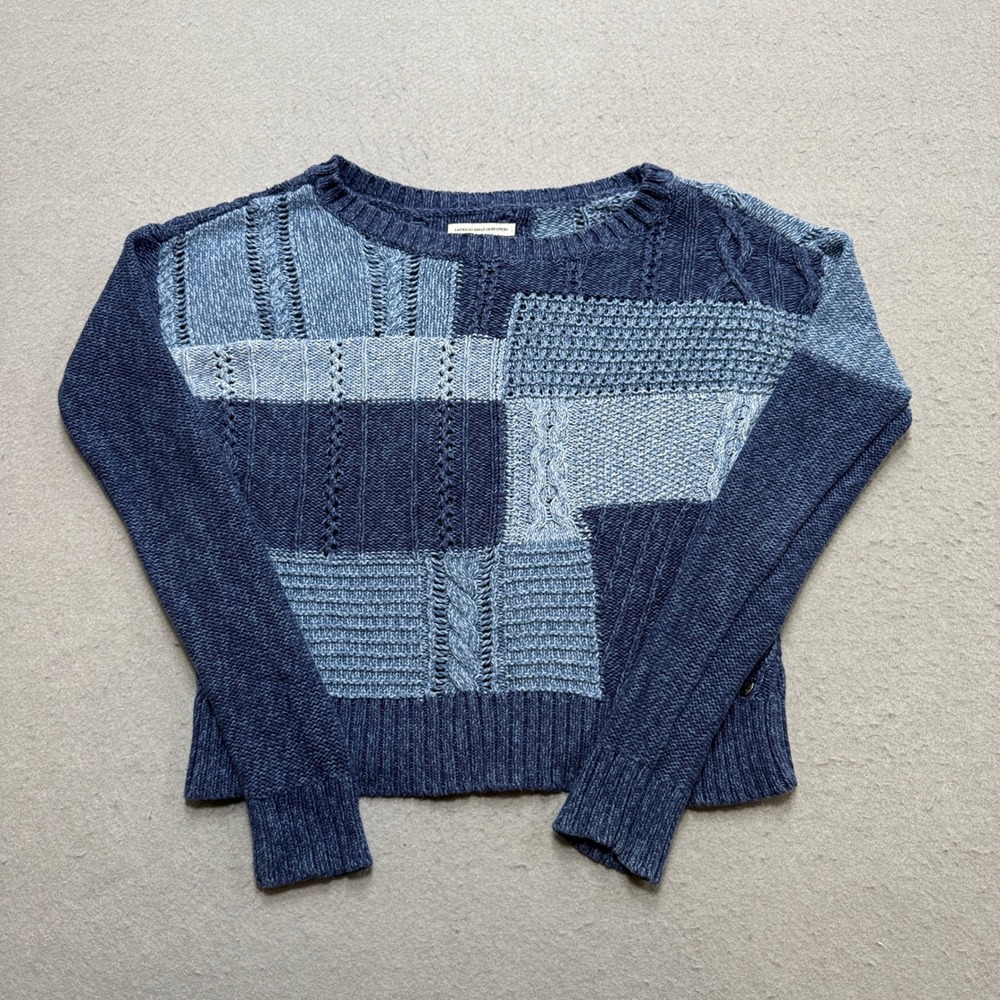American Eagle Sweater Women's XS Blue Patchwork Cable Knit Crewneck Pullover
